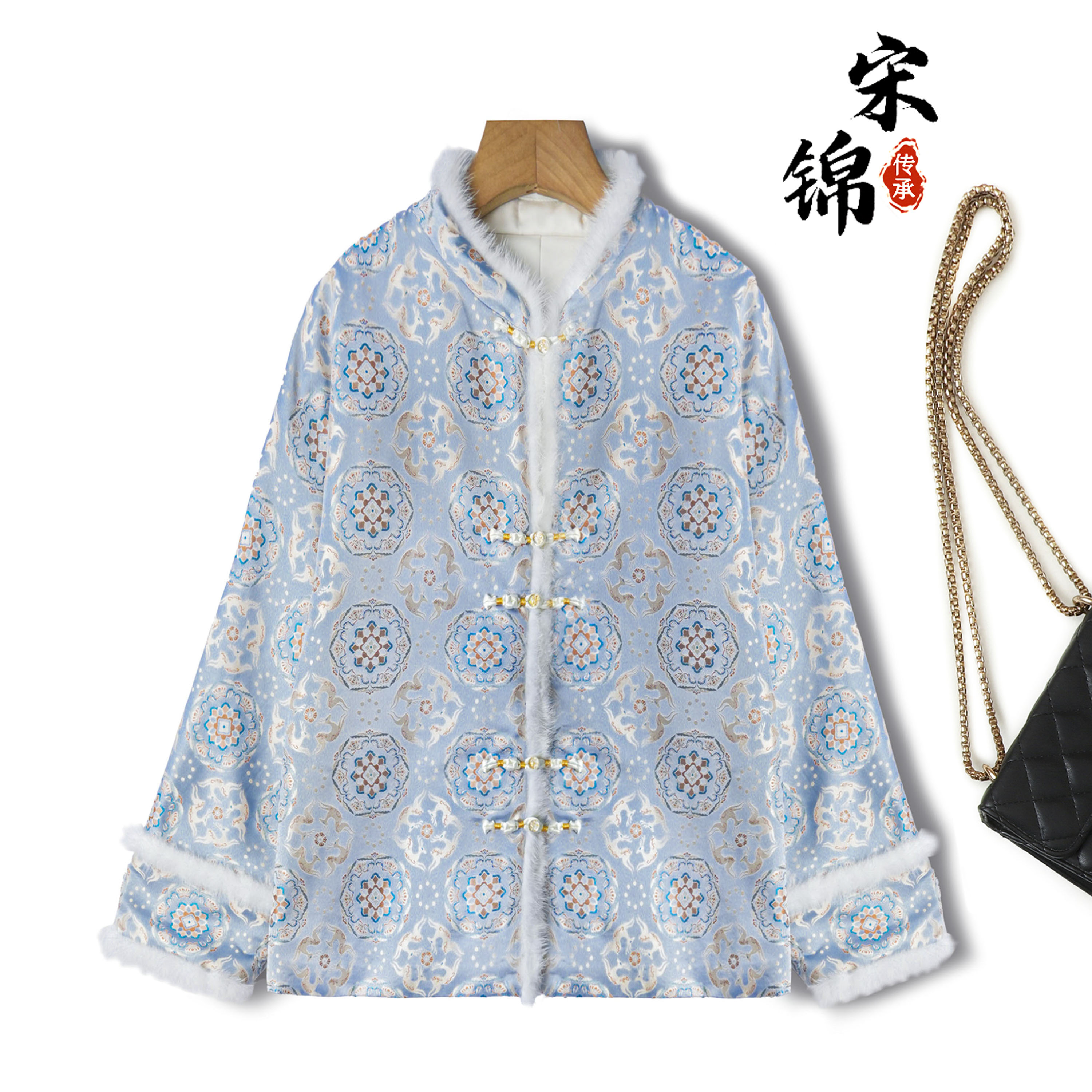 蓝色新中式桑蚕丝宋锦棉服外套女冬季高级感气质水貂毛国风上衣新