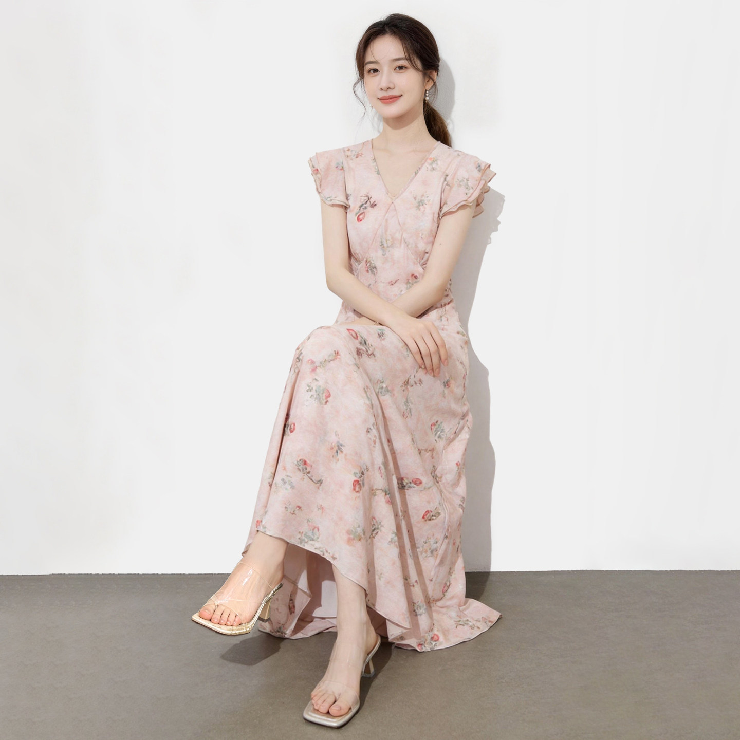 法式浪漫真丝碎花连衣裙女夏修身斜裁A字裙温柔气质桑蚕丝女神裙