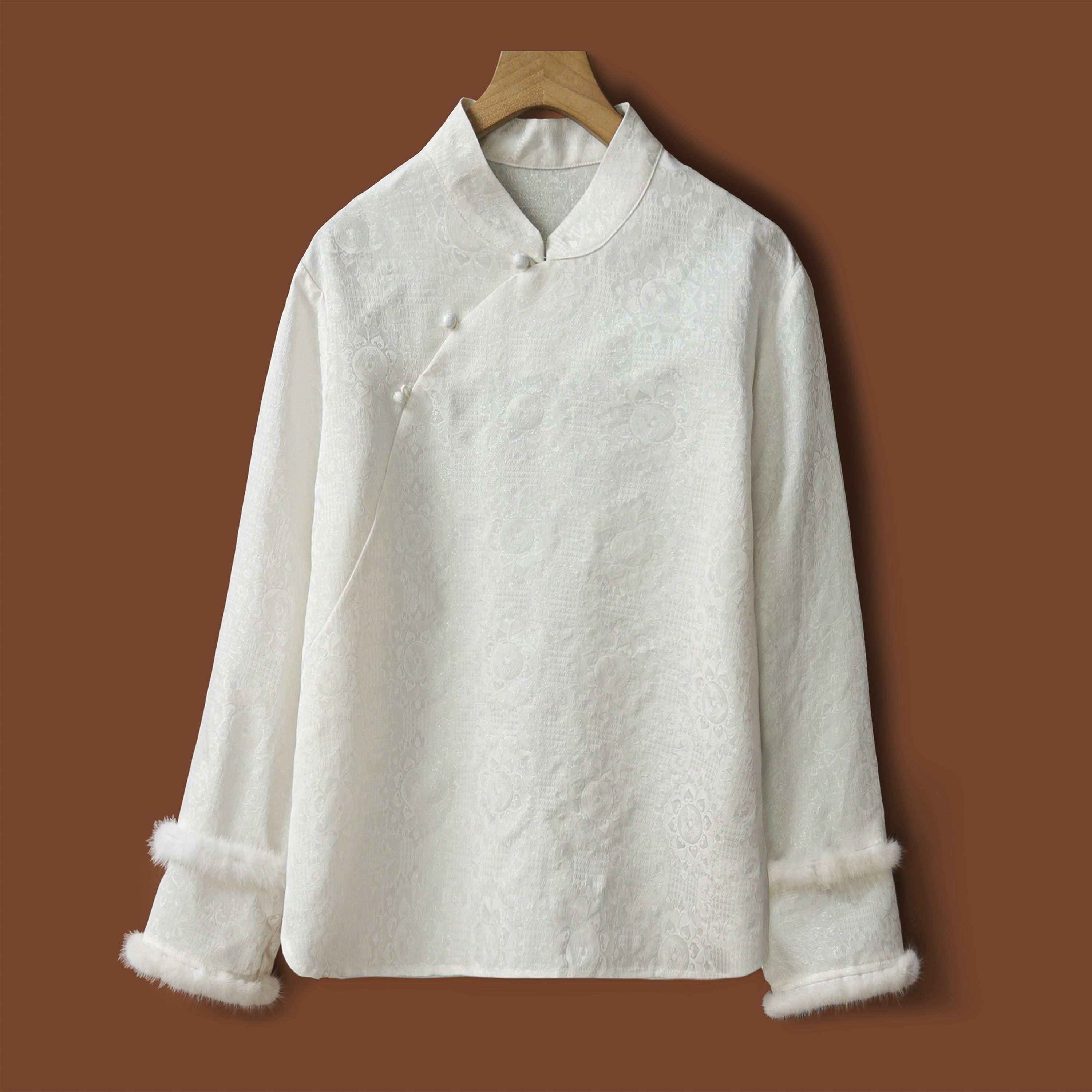 桑蚕丝织金正绢高级感新中式打底衫女2025秋冬立领水貂毛真丝上衣