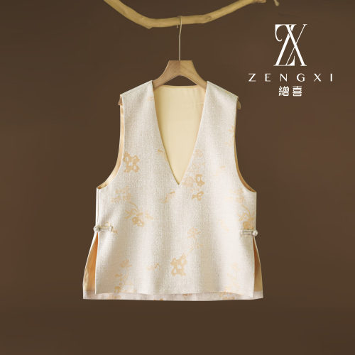 真丝新中式盘扣V领山石牡丹马甲