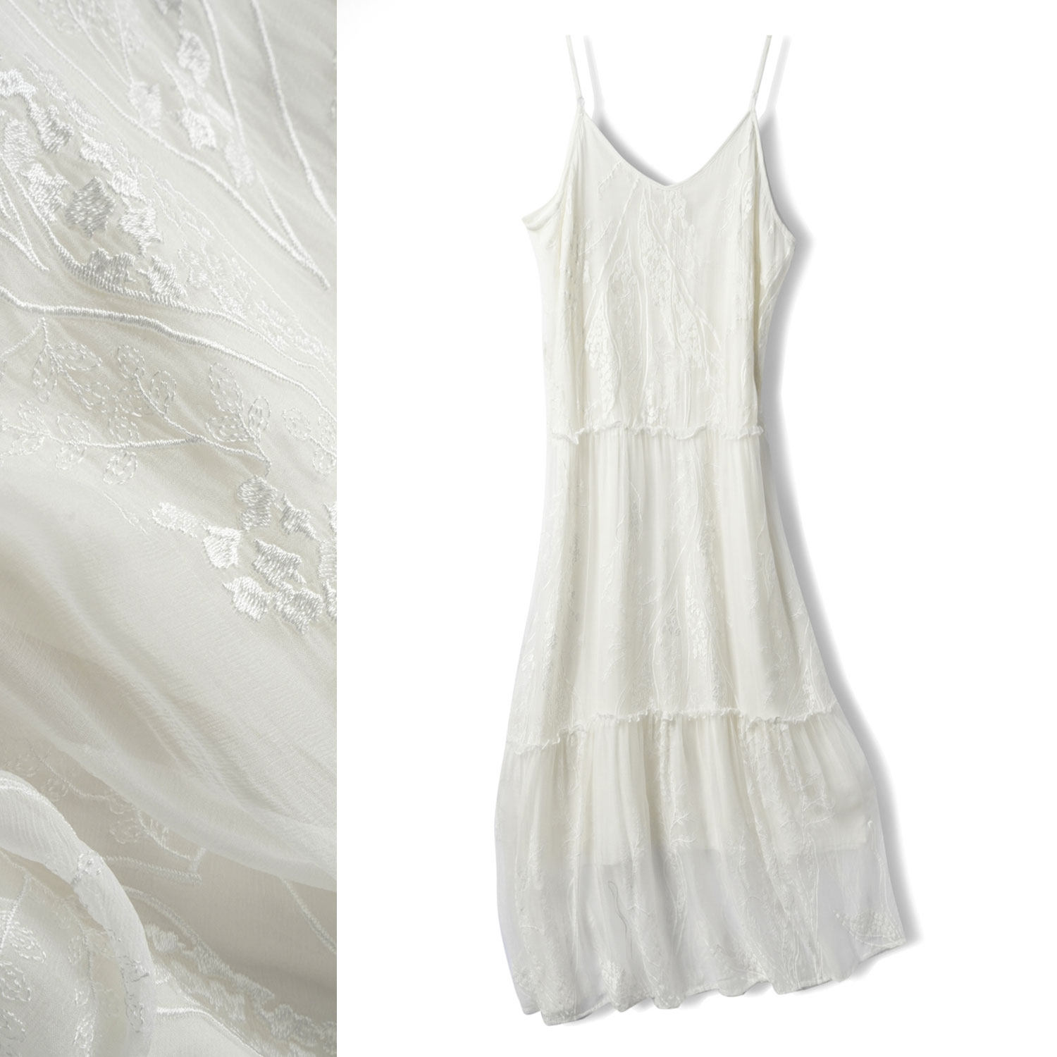 桑蚕丝重工刺绣文艺仙气白色真丝乔其可调节肩带吊带裙中长连衣裙