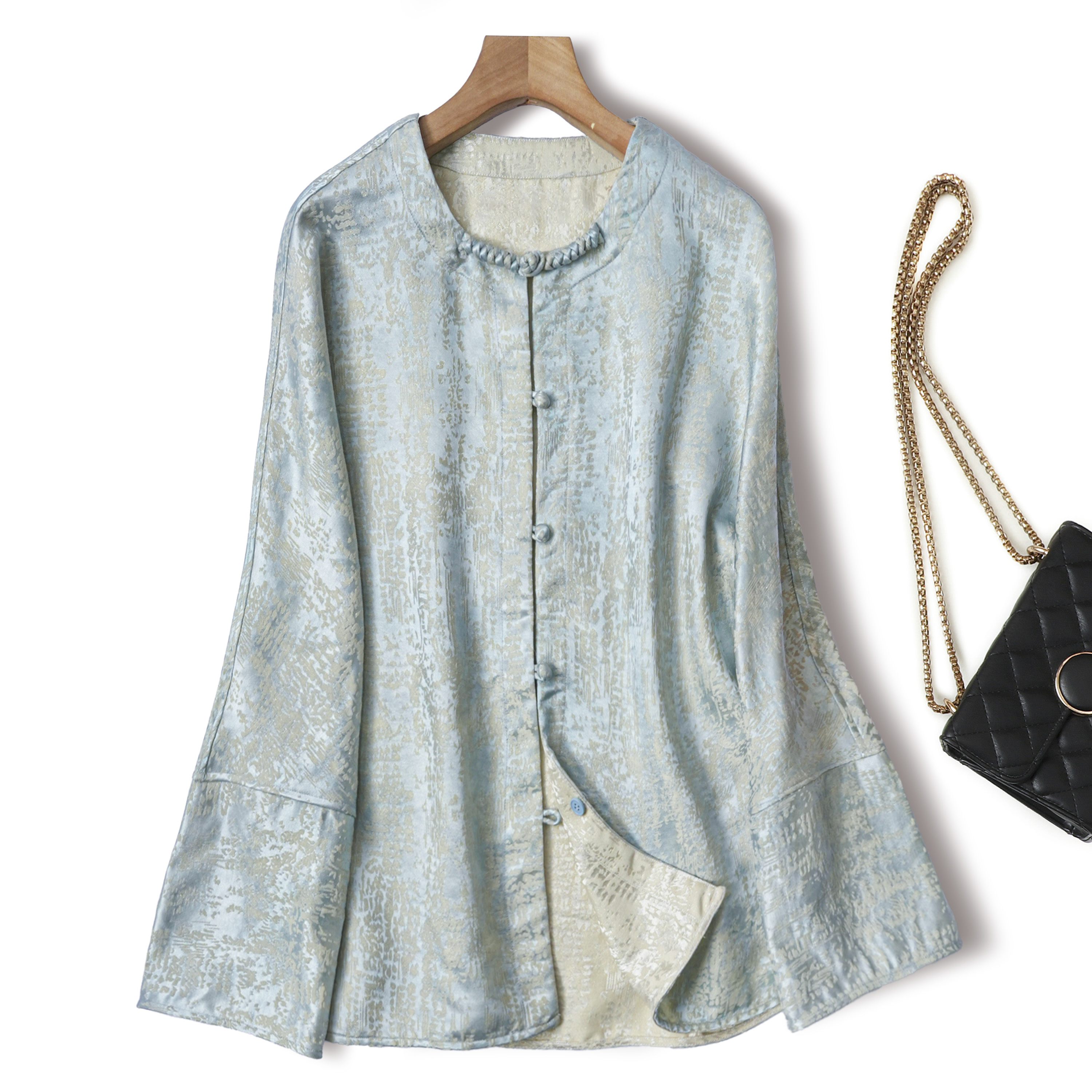 繁星点点双穿设计！桑蚕丝羊毛盘扣新中式外套女真丝圆领长袖上衣