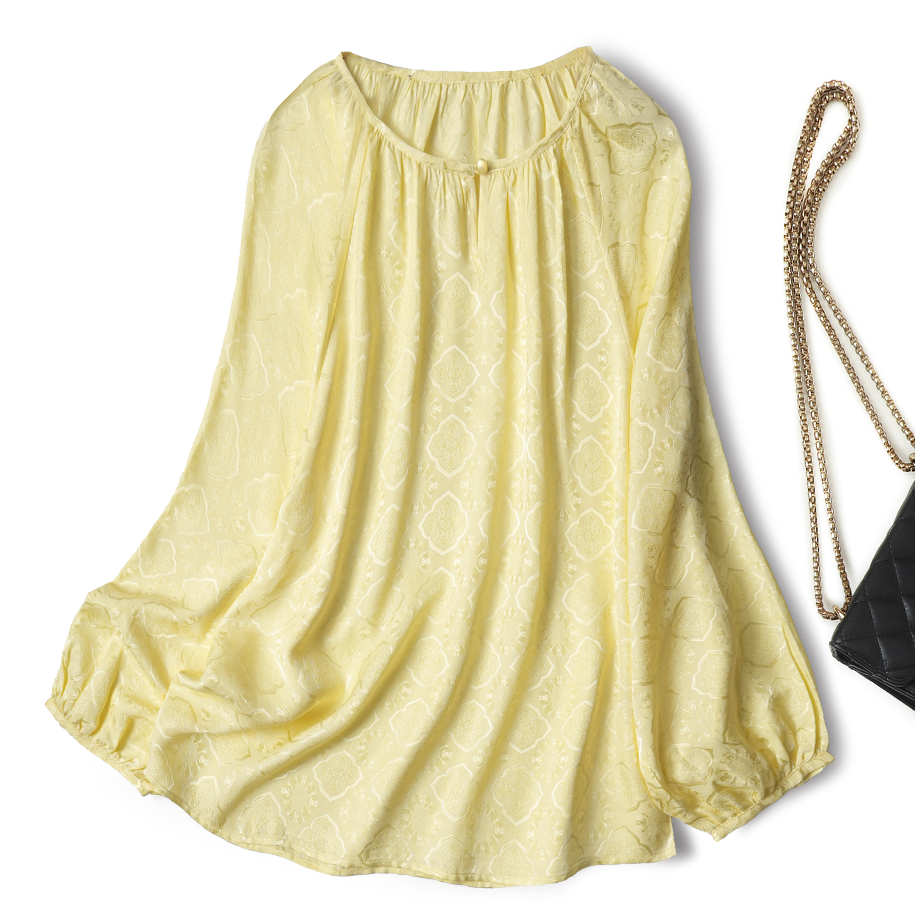 四合如意精美花罗减龄娃娃衫女宽松圆领套头真丝上衣长袖衬衫新款