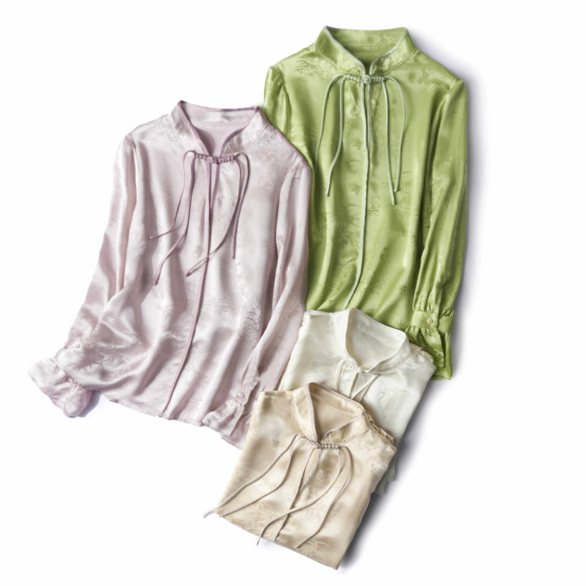 桑蚕丝新中式立领盘扣提花衬衫女春夏新国风宽松复古真丝衬衣上衣