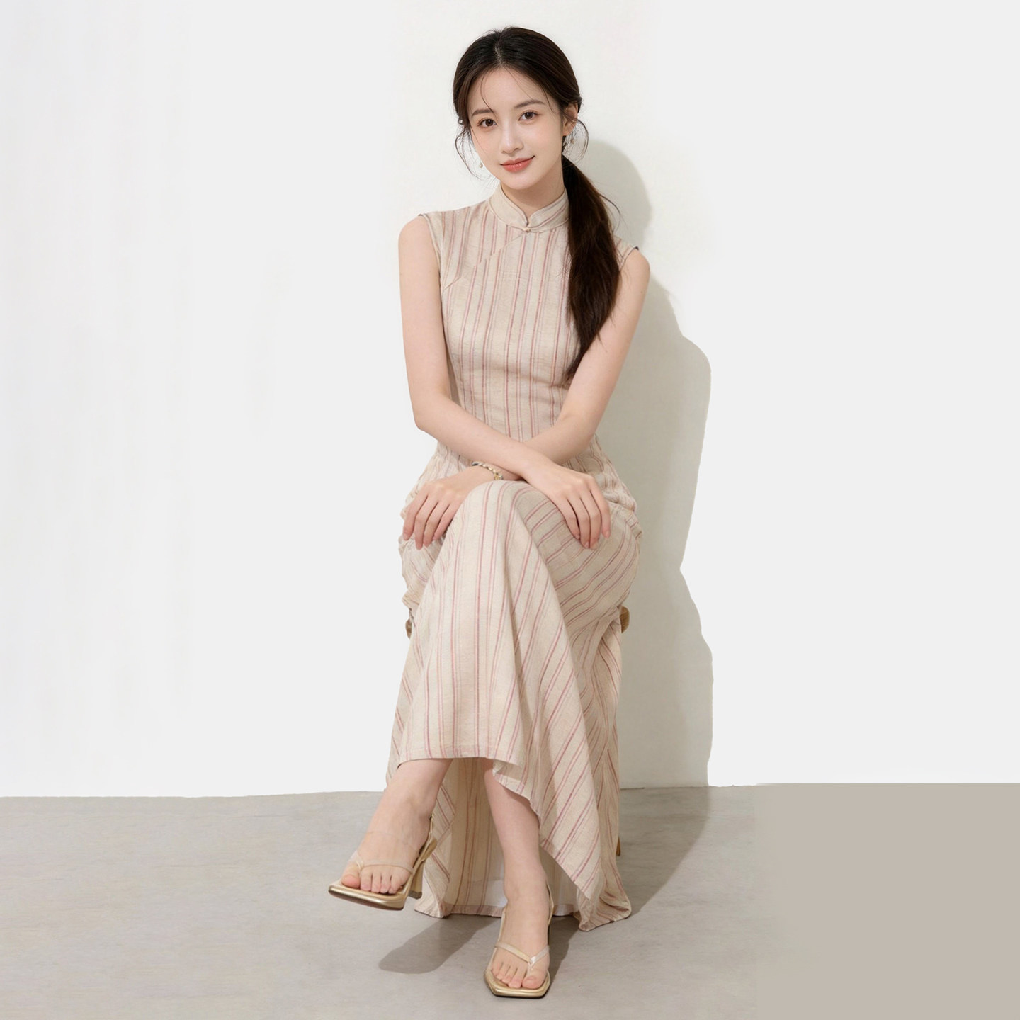 新中式改良真丝旗袍女无袖条纹中长款日常年轻款修身桑蚕丝连衣裙