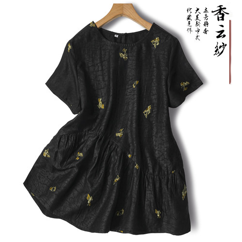 非遗真丝香云纱！桑蚕丝圆领刺绣遮肚短款T恤上衣夏女套头衬衫黑