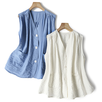 轻法式！桑蚕丝真丝马甲无袖口袋衬衫V领上衣A摆背心外套女纯色夏