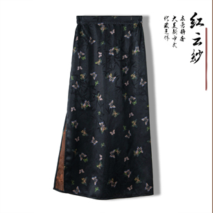 复古香云纱直筒裙桑蚕丝缎面印花中式一步裙真丝春夏日常百搭裙子