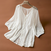 桑蚕丝重工刺绣夏V领防晒外披真丝白色减龄七分袖 透视罩衫 上衣女