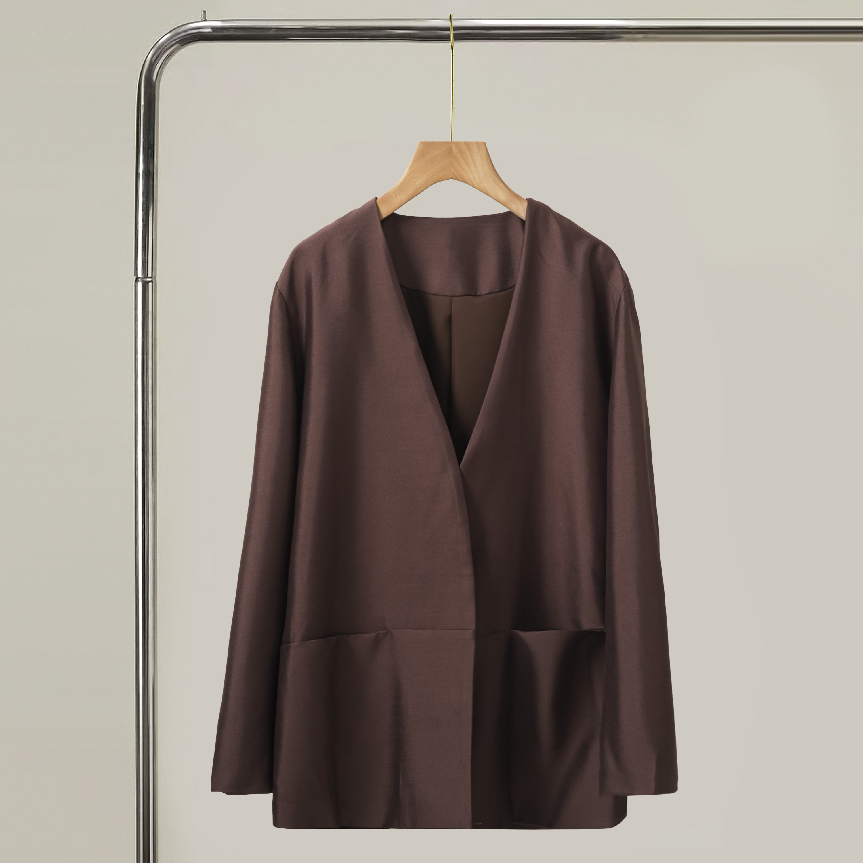 法式真丝羊毛V领极简风上衣咖啡色精致高级通勤气质矜贵中长外套