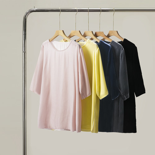 极简真丝丝绒圆领T恤女秋高级感垂坠宽松显瘦落肩七分袖上衣纯色