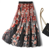 100桑蚕丝顺纡乔其纱沙滩裙真丝定位印花A字多片大摆裙半身长裙女