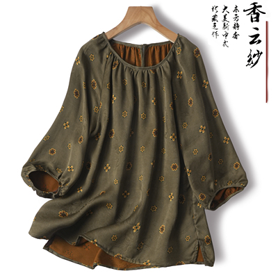 非遗香云纱花罗减龄娃娃衫女夏新宽松圆领套头真丝上衣灰色宝相花