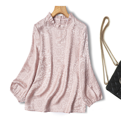 仙草宝相提花缎真丝桑蚕丝粉色法式长袖木耳领衬衫百搭气质上衣女