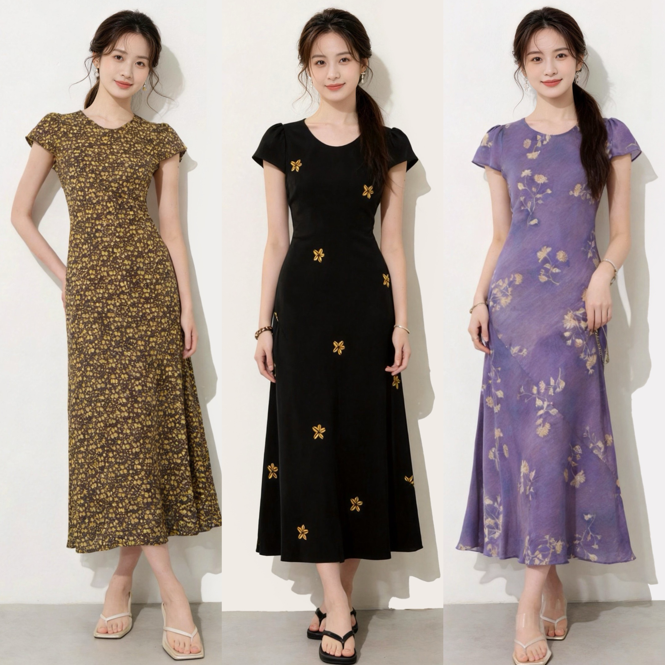 漂亮印花桑蚕丝连衣裙女短袖真丝斜裁收腰女神裙圆领飞袖裙子夏季