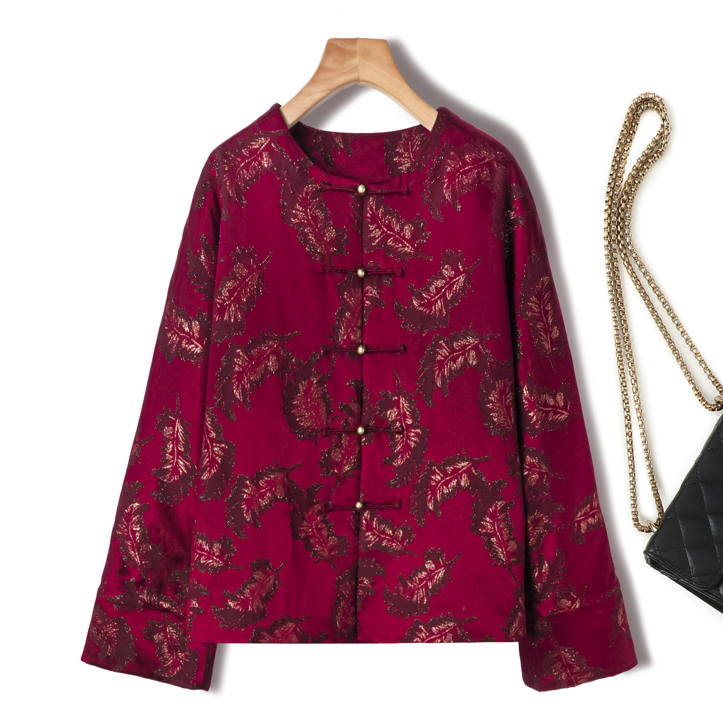 新中式桑蚕丝羊毛复古唐装盘扣红色印花外套女装冬季短款棉服上衣