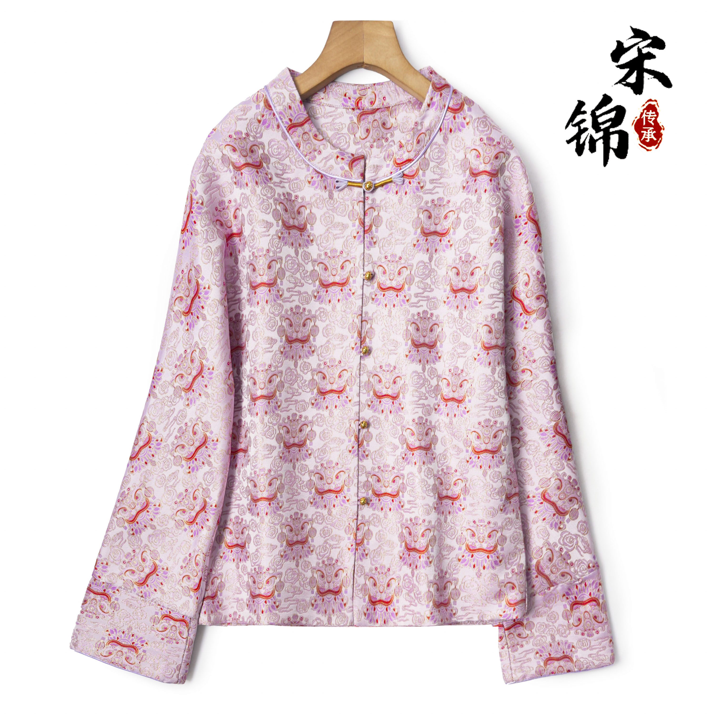 粉色醒狮！桑蚕丝织金宋锦新中式外套女真丝宽松圆领盘扣国风上衣