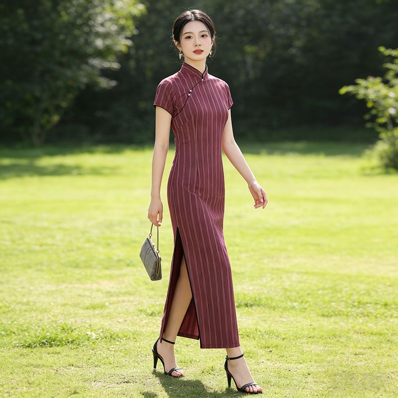 夏季红色条纹国风条纹旗袍女日常百搭《给阿麽的情书》淑柔同款