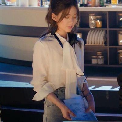 许我耀眼赵露思许妍同款蝴蝶结飘带白色衬衫法式甜美气质长袖上衣