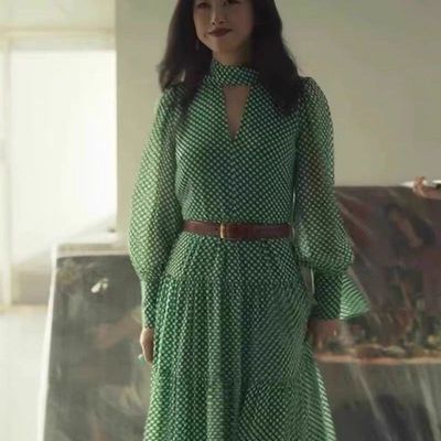 玫瑰的故事朱珠同款长袖波点连衣裙秋装新款高个子长裙优雅气质新