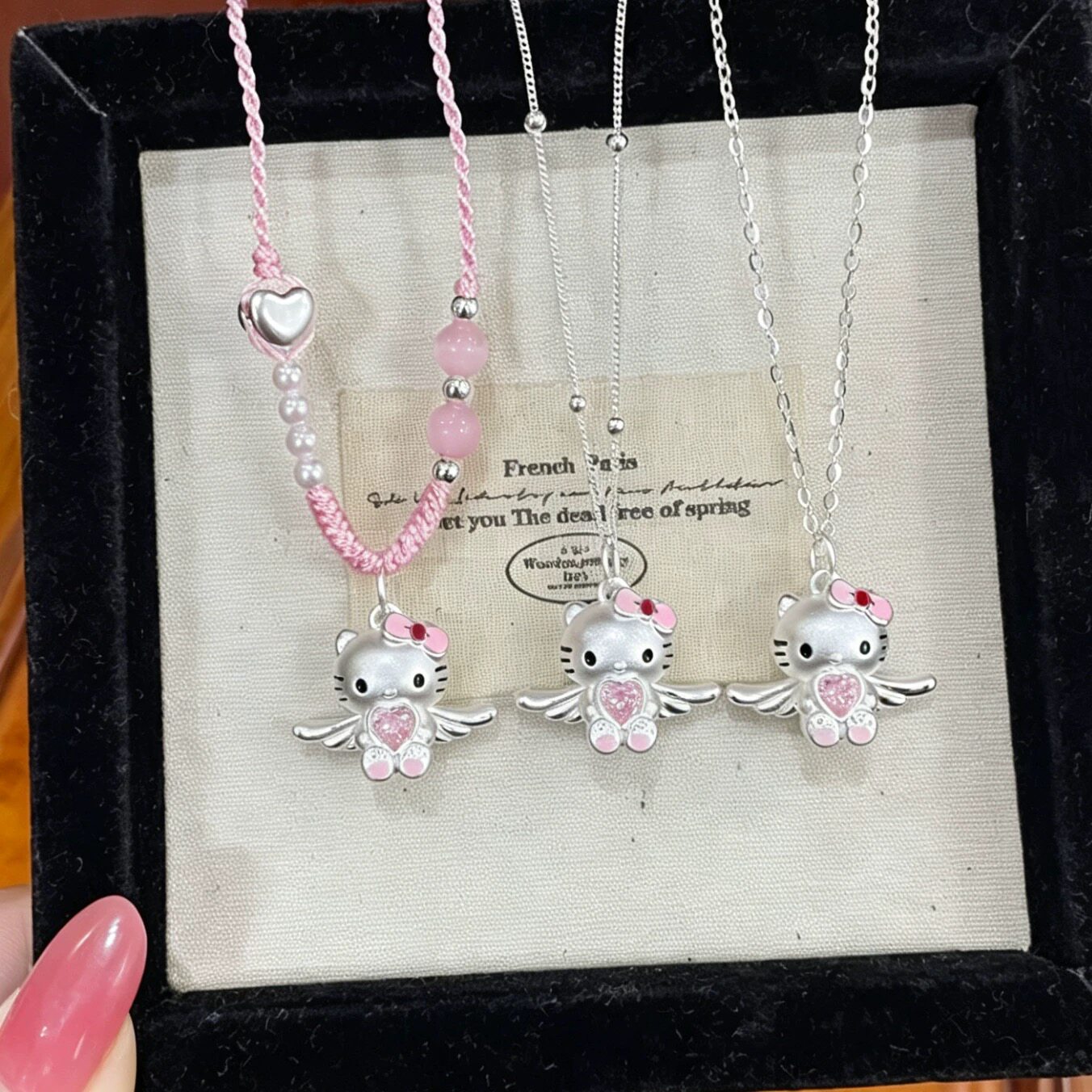 足银999纯银hellokitty猫吊坠凯蒂猫甜美项链吊坠编绳送女友礼物