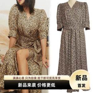 法式浪漫V领长裙收腰系带荷叶边小雏菊碎花泡泡袖印花连衣裙