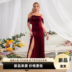 独立站新款欧美女装晚宴开叉丝绒长裙一字肩吊带气质百搭连衣裙