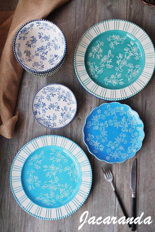 浮雕彩绘图腾西餐牛排盘 下午茶水果甜品意面盘 个性热菜餐盘10寸