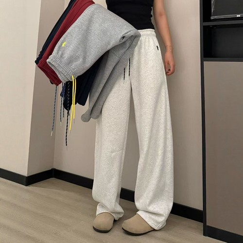 学生时尚休闲裤刺绣弯刀裤撞色抽绳加绒保暖阔腿裤韩系卫裤运动裤