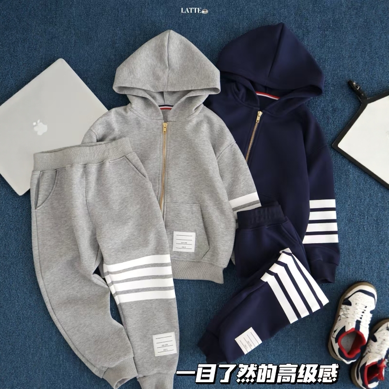 秋装运动套装男女童连帽卫衣卫裤两件套抗起球四道杠中大童套装