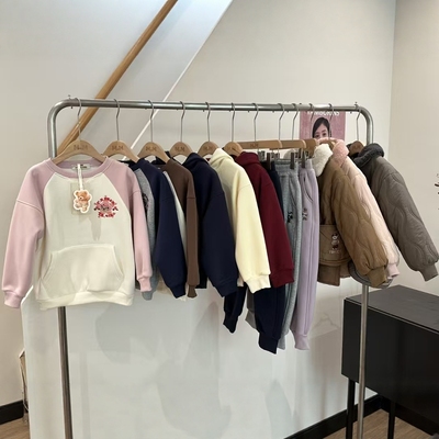 冬款中大童加绒卫衣男女童休闲连帽保暖上衣加绒棉服一体绒运动裤