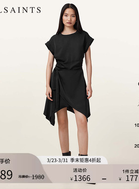 ALLSAINTS女士短袖收腰连衣裙不规则小黑裙2026年春季女装W019DC