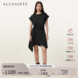 W019DC 女装 ALLSAINTS女士短袖 收腰连衣裙不规则小黑裙2026年春季