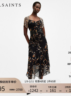ALLSAINTS女士碎花连衣裙短袖收腰轻盈纱裙秋季女装W300DB