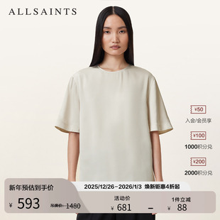 W032PC 2025年秋季 ALLSAINTS女士舒适仿缎面T恤清爽圆领短袖 套头衫