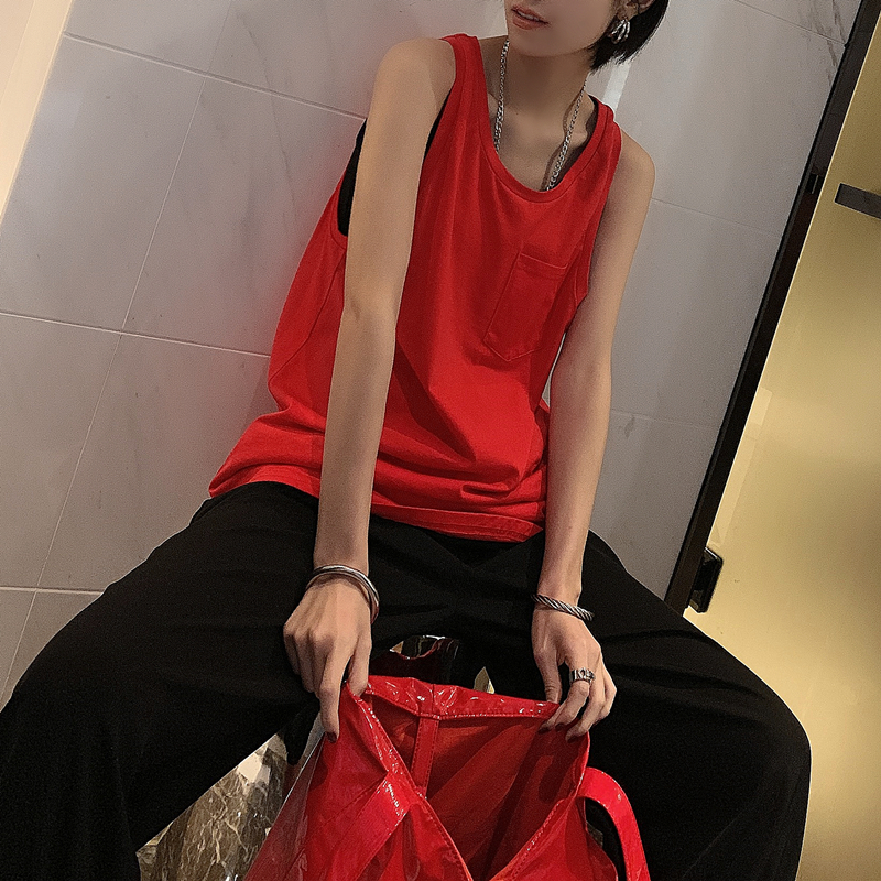 OPEN UP2019夏季新款港风外穿纯色宽松中长款吊带背心女无袖上衣