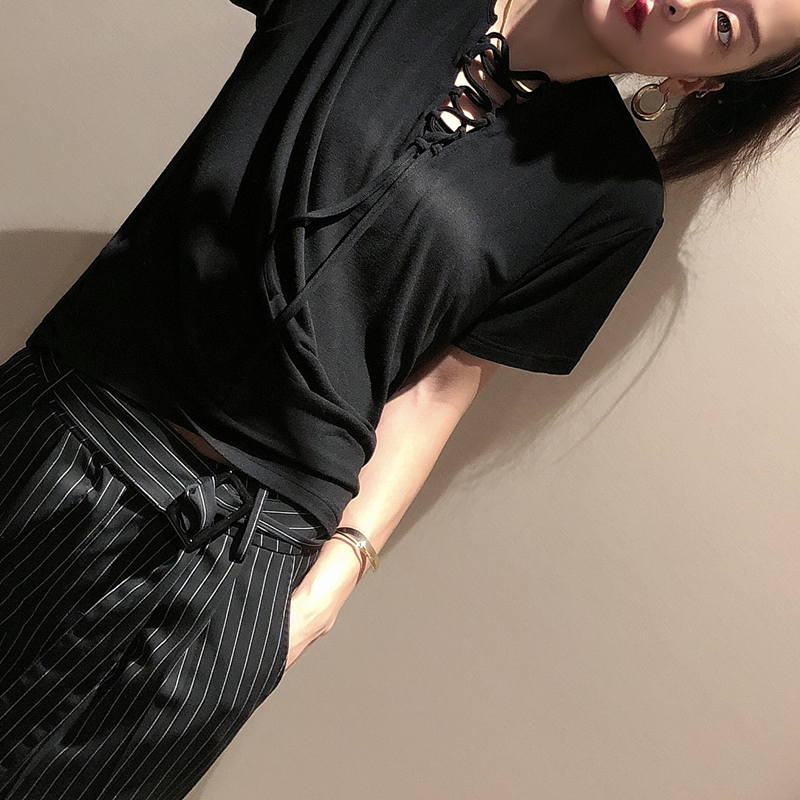 OPEN UP短袖T恤女2019夏季新款港风小众设计感绑带百搭宽松上衣潮