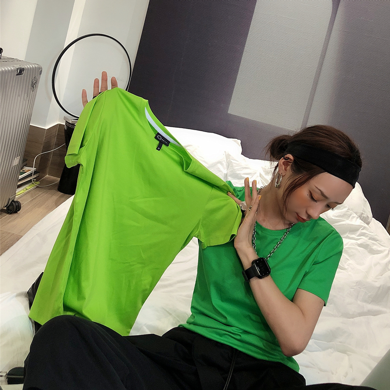 OPEN UP夏装2019新款纯色ins宽松百搭打底t恤女基础绿色短袖上衣