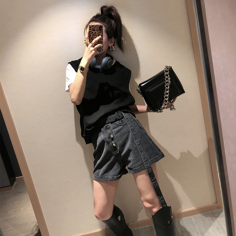 OPEN UP高腰牛仔短裤女2019夏季新款港风宽松显瘦网红a字阔腿热裤