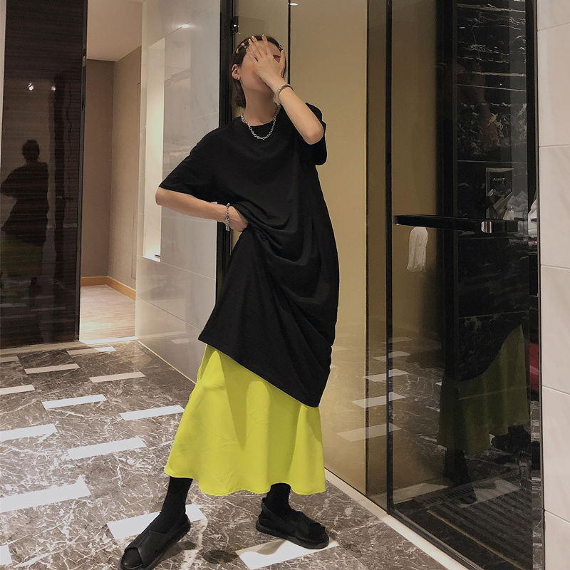 OPEN UP连衣裙女2019夏装新款港风简约基础款百搭中长款短袖T恤潮