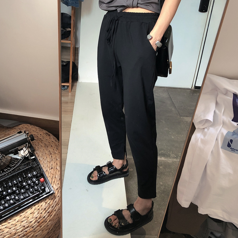 OPEN UP2019夏季新款港风松紧腰运动裤女百搭宽松哈伦九分休闲裤