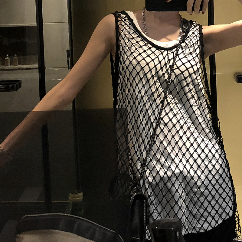 OPEN UP2019夏装港风新款宽松中长款镂空罩衫女透视渔网衫背心潮