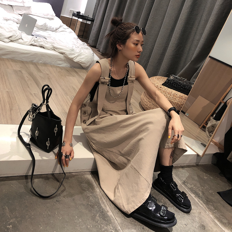 OPEN UP2019夏装新款港风百搭吊带连衣裙女过膝中长款宽松背带裙