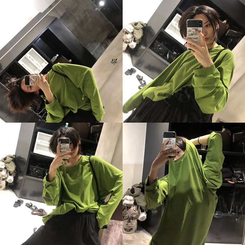 OPEN UP2019春装新款韩版休闲上衣女荧光绿打底衫纯色长袖宽松T恤