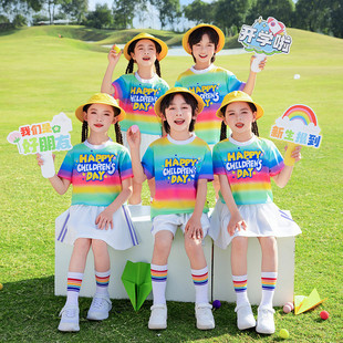 彩虹兄妹装夏装小童裙裤小学生啦啦队套装幼儿园六一演出服毕业照