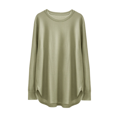 华夫格中长款长袖t恤女春秋内搭圆弧摆孕妇上衣遮屁股宽松打底衫