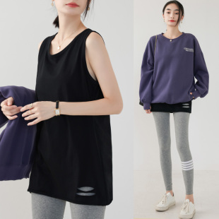 中长款 黑色无袖 背心卫衣叠穿下摆 新款 破洞打底吊带背心女内搭秋季