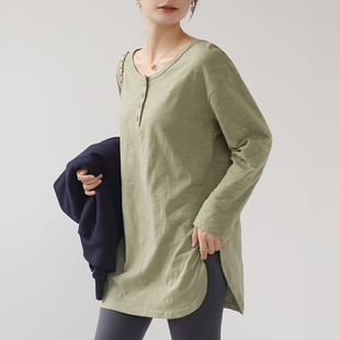 竹节棉长袖t恤女中长款打底衫内搭2026年新款圆弧边宽松开叉上衣