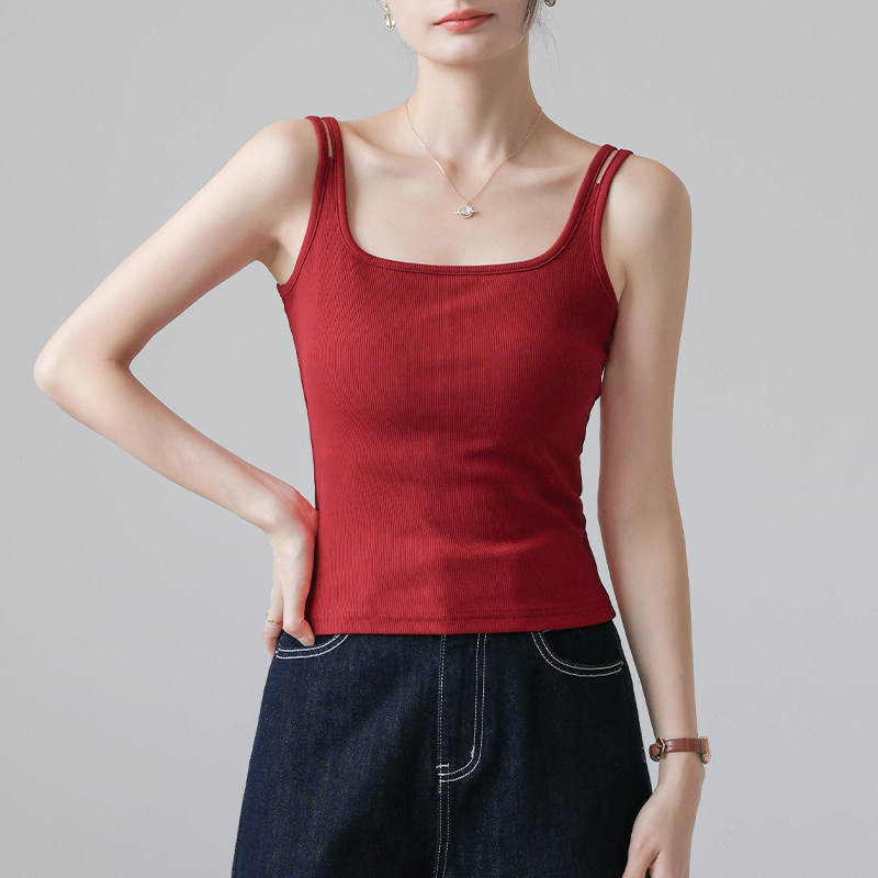 吊带背心女红色外穿打底内搭修身上衣2026新款夏方领双肩带螺纹棉