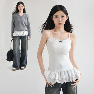 白色无袖打底蕾丝双层花边下摆春秋款叠穿内搭吊带屁帘背心女内搭